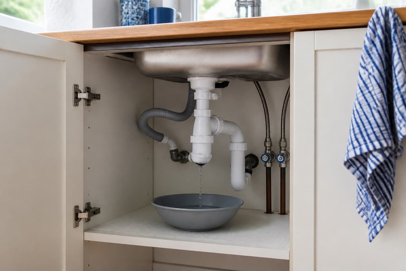 Illustrative example of a small leak beneath a kitchen sink with a bowl catching the water