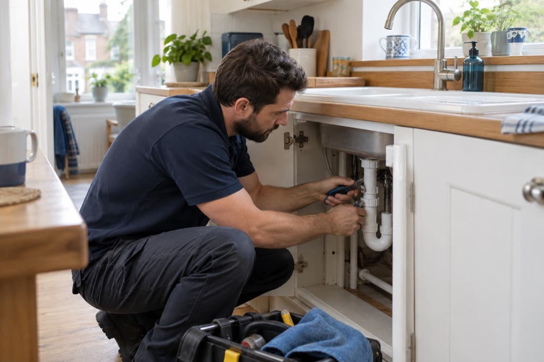A repair professional inspecting plumbing beneath a kitchen sink